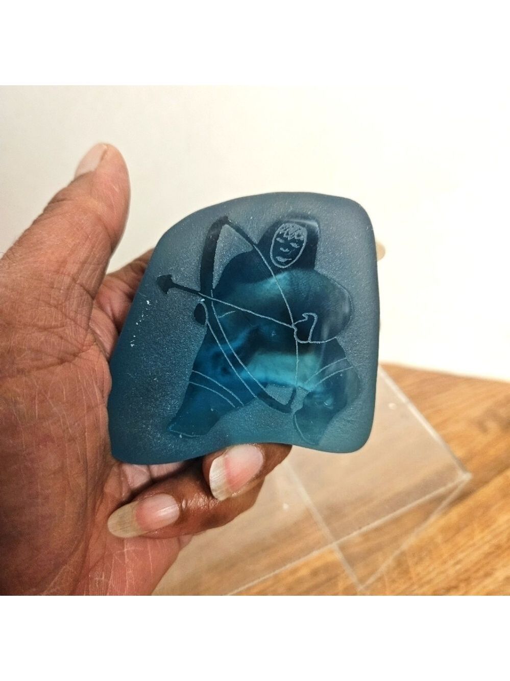 Vintage Teal Sea Glass Etched Inuit Hunter Paperweight